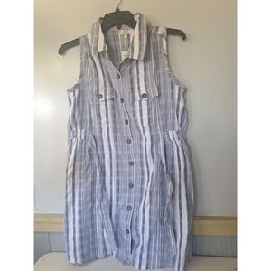 C|C Chic Connection Dress Womens 1X Striped Blue White Belted Button Up Cotton